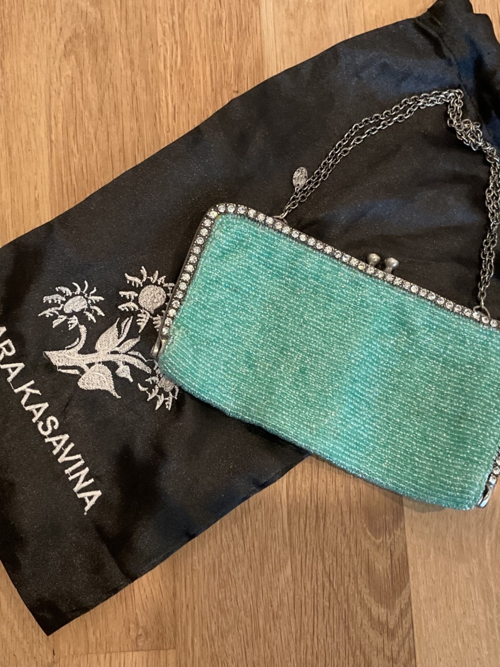 Clara Kasavina vintage clutch, 3 1/2” x 7”, aqua/Tiffany blue tone seed beads